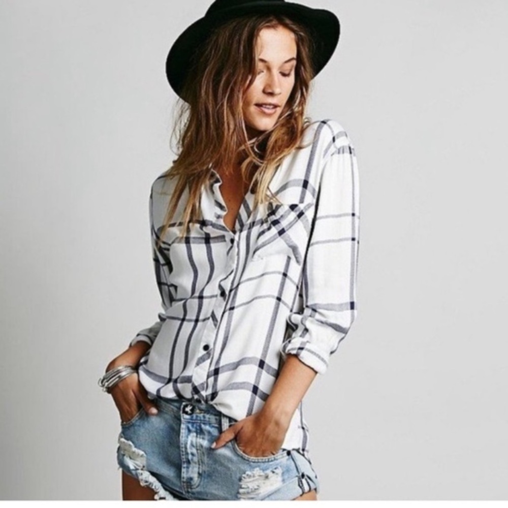 Free People X Rails Hunter navy white plaid flannel button down shirt S